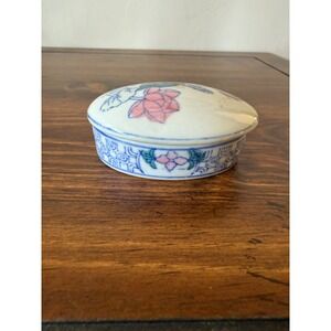 Vintage Chinese Porcelain Trinket Box Oval Lotus Flower Blue White Hand painted